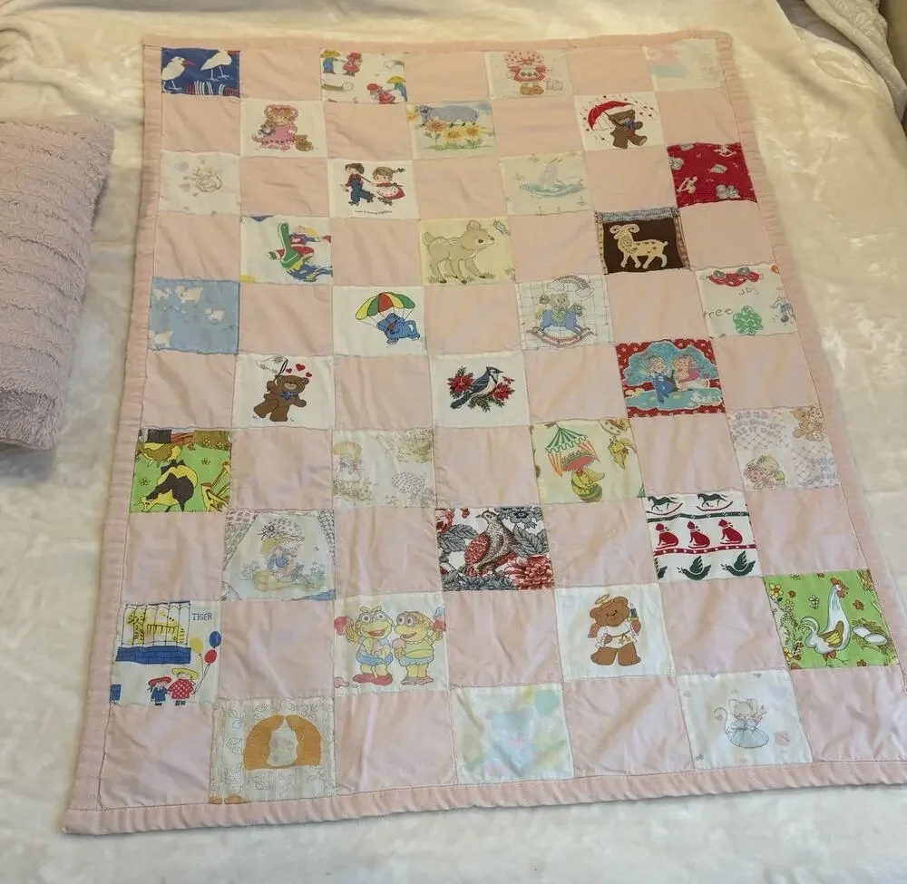 Vintage Handmade Memory Quilt Crib Blanket Holly Hobbie Muppets Nursery